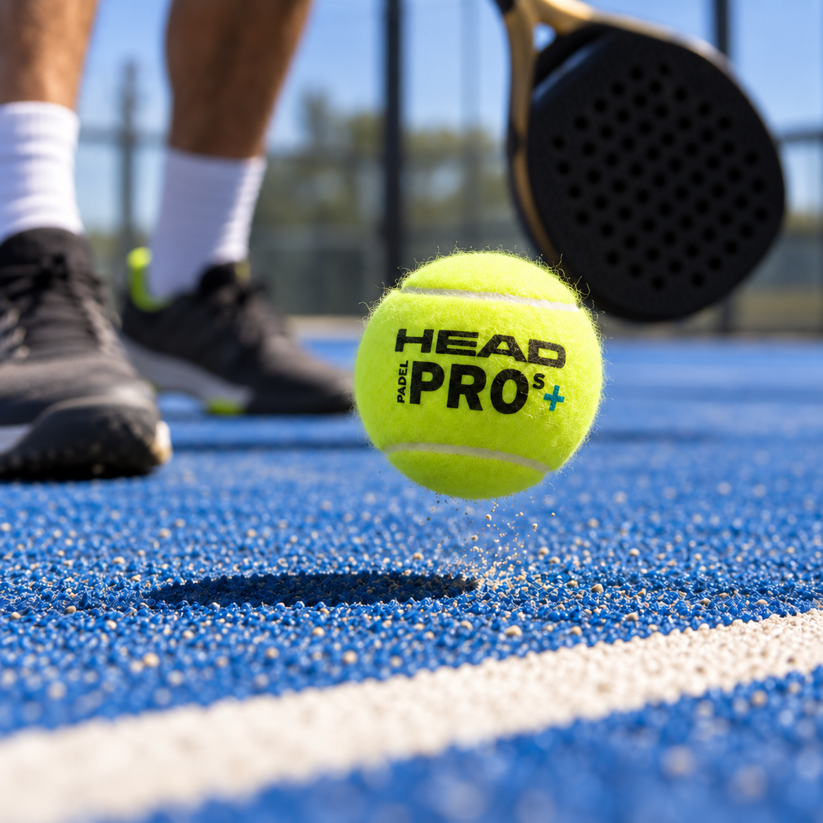 HEAD Padel Pro S+ ball bouncing off a blue padel court beside a player's feet, with a black padel racket blurred in the background.