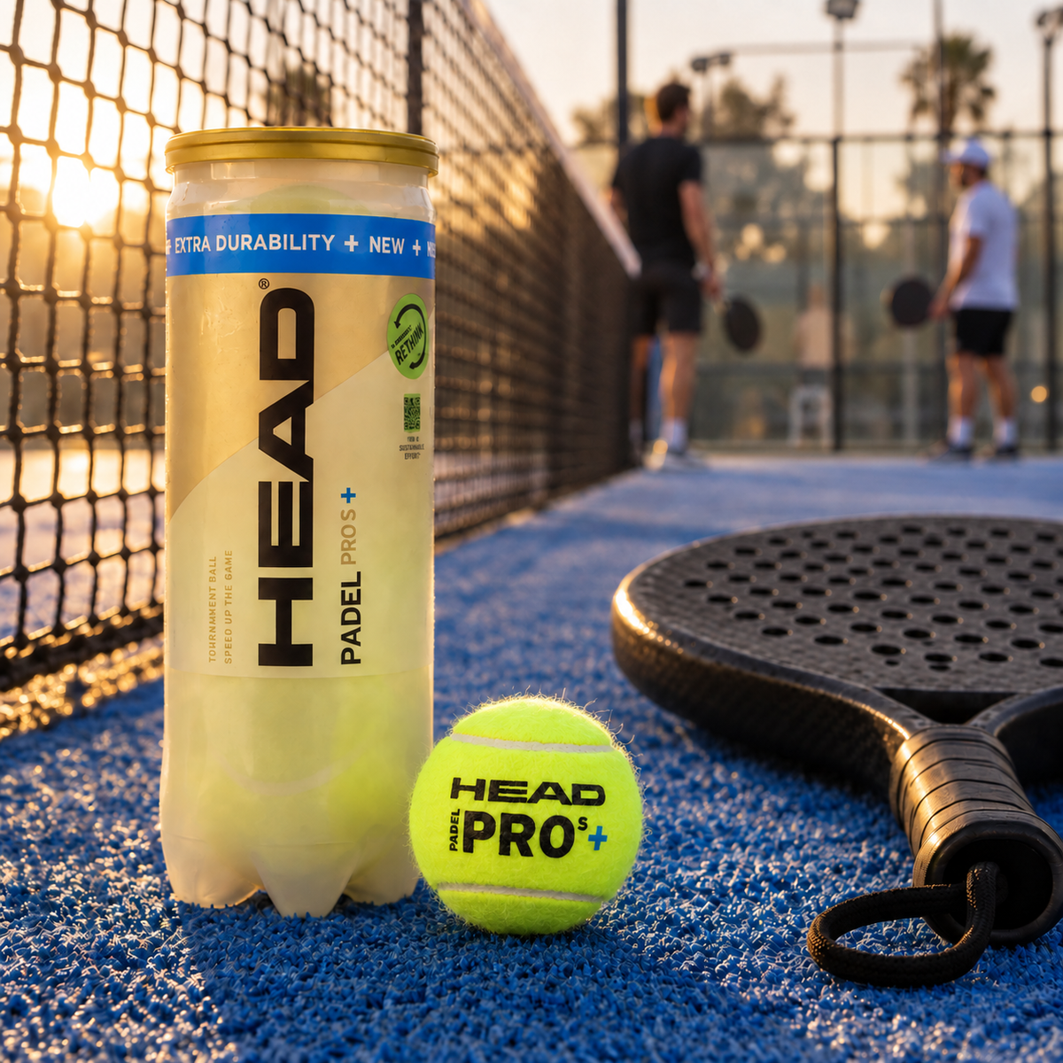 Tube of HEAD Padel Pro S+ balls with a loose ball and racket by the net at sunset, two players in the background.