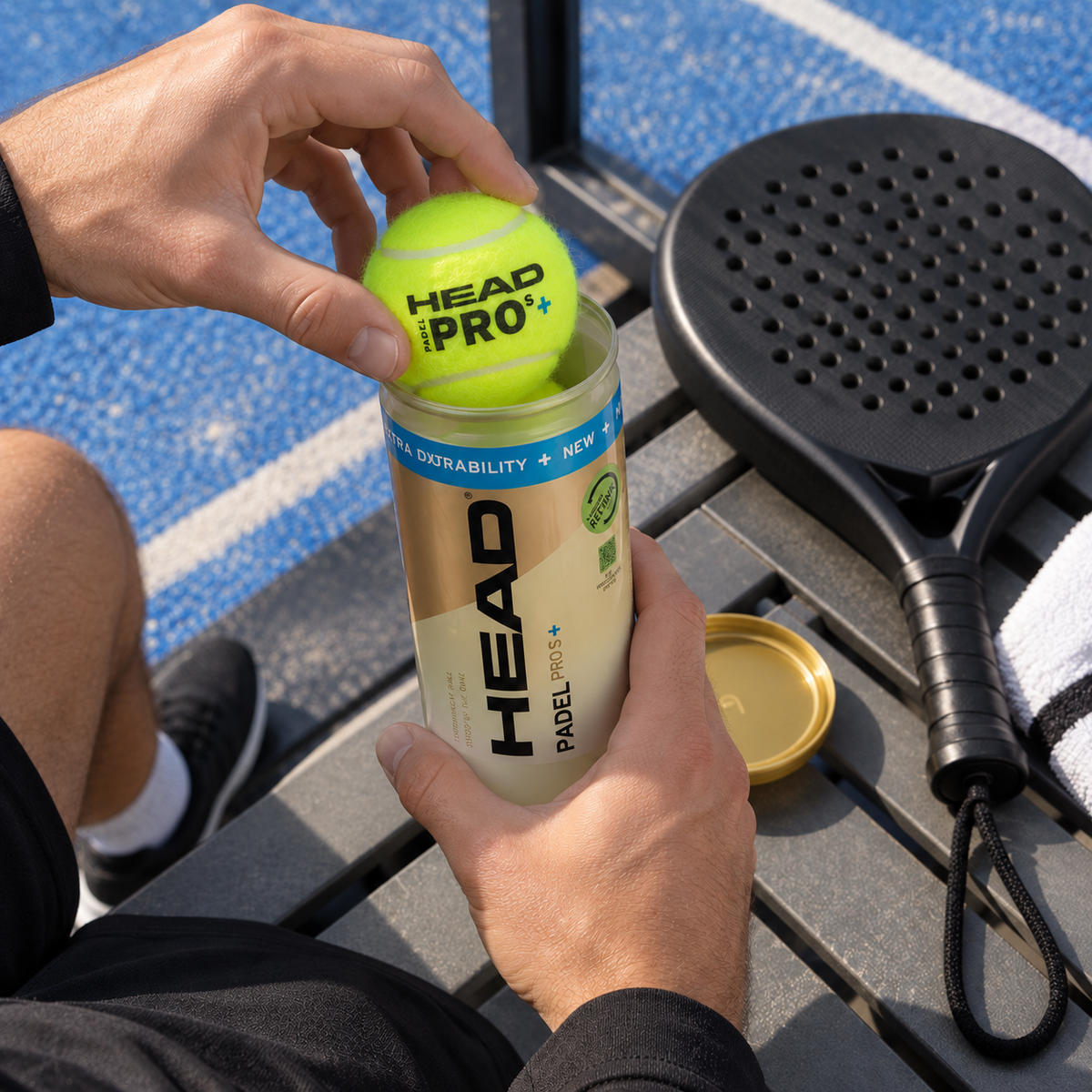 Overhead view of a player opening a tube of HEAD Padel Pro S+ balls on a courtside bench next to a racket and towel.