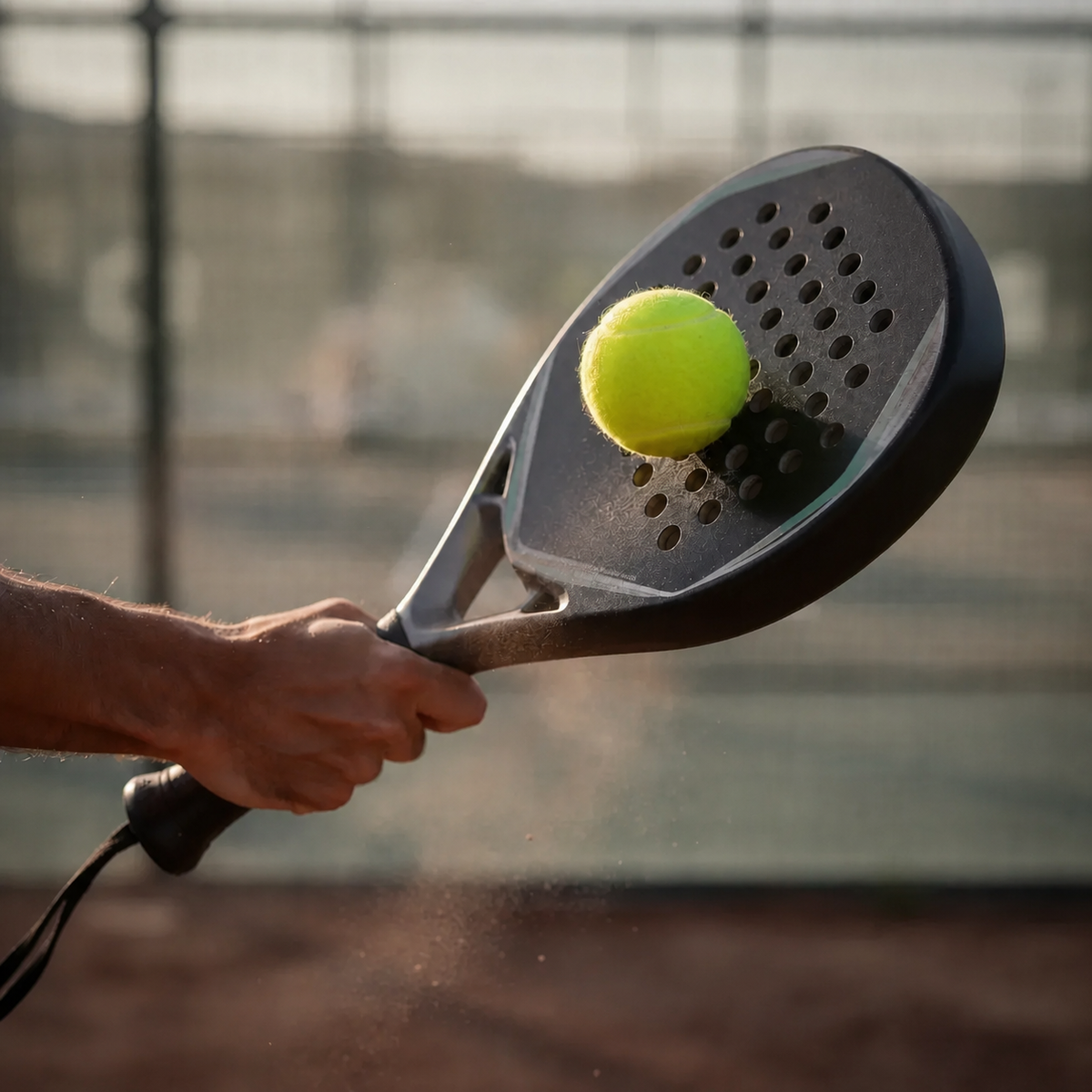 A close-up action shot of a paddle tennis racket with a bright yellow tennis ball in mid-air, about to strike the paddle, held by a person's hand on an outdoor court.